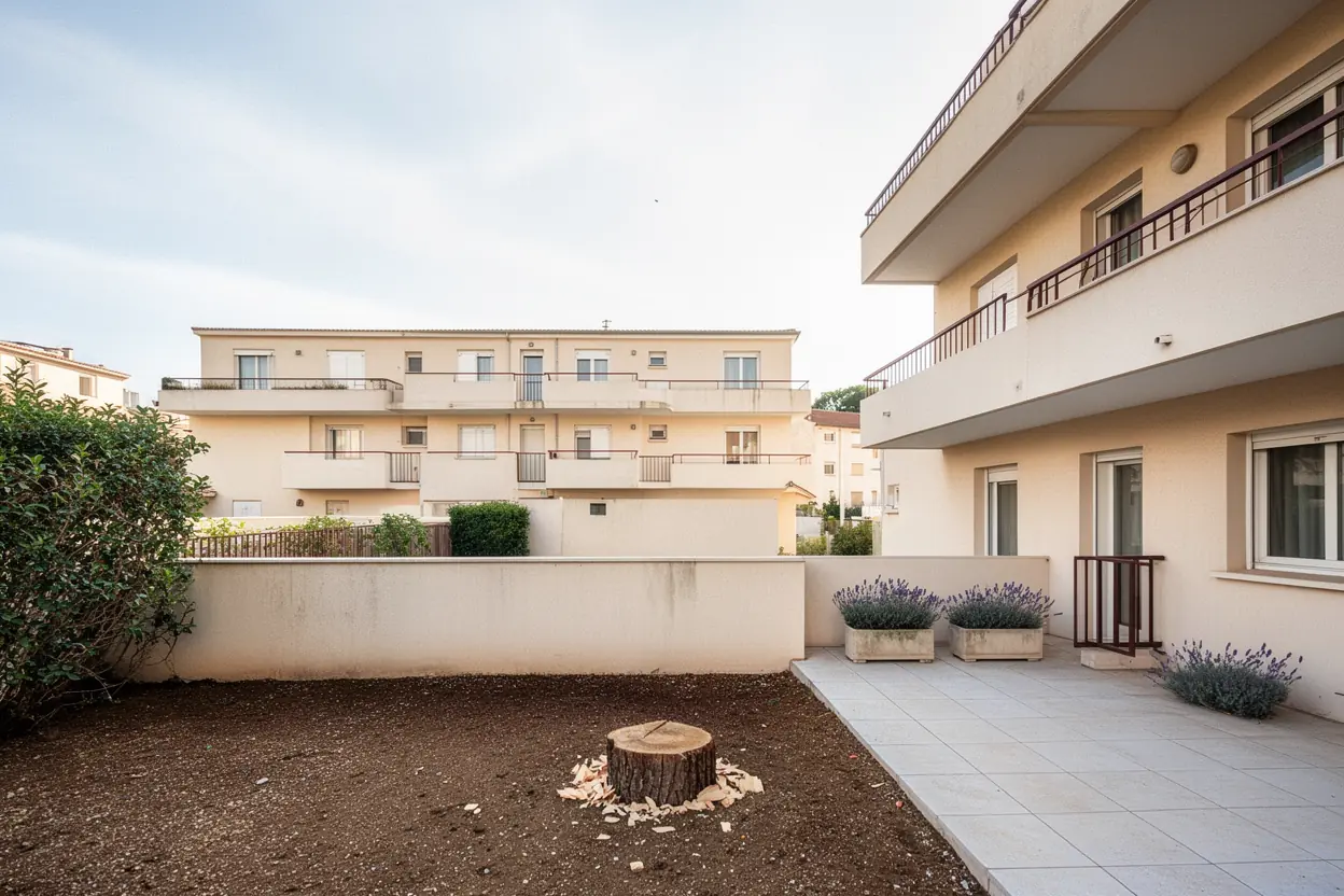 Terrasse dégagée après abattage contrôlé du pin