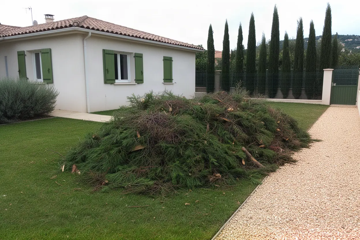 Branches de cyprès entassées dans un jardin à Vence