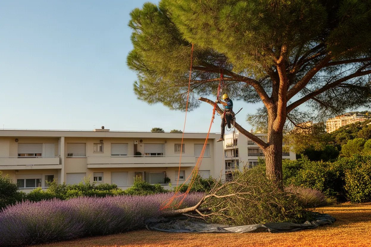 Élagueur taillant un pin dans un jardin à Vence