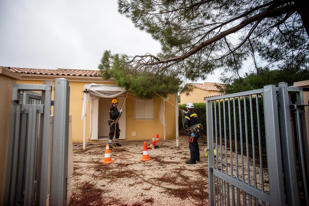 Élagueur sécurisant une branche cassée après tempête à Vence