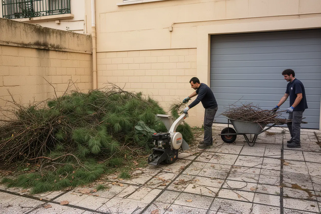 Équipe ramassant des déchets verts après élagage à Vence