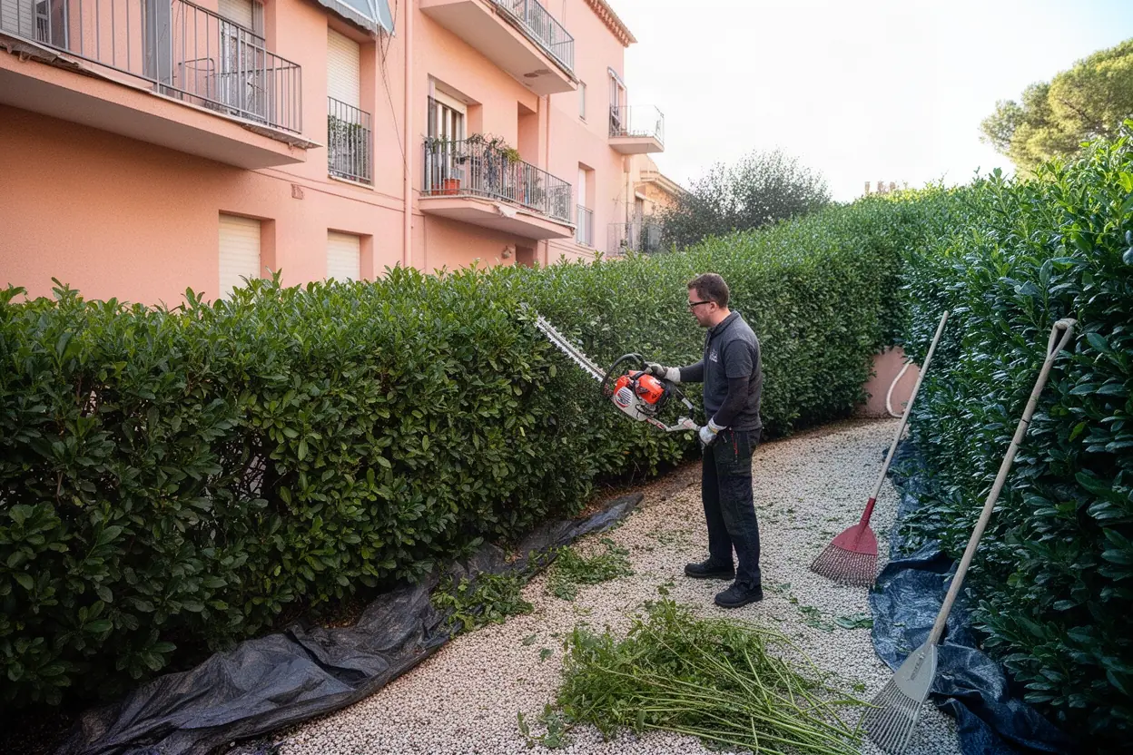Jardinier taillant une haie de cyprès à Vence
